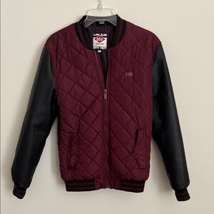 Lee Cooper Women's Quilted Bomber Jacket in Burgundy with Black Sleeves
